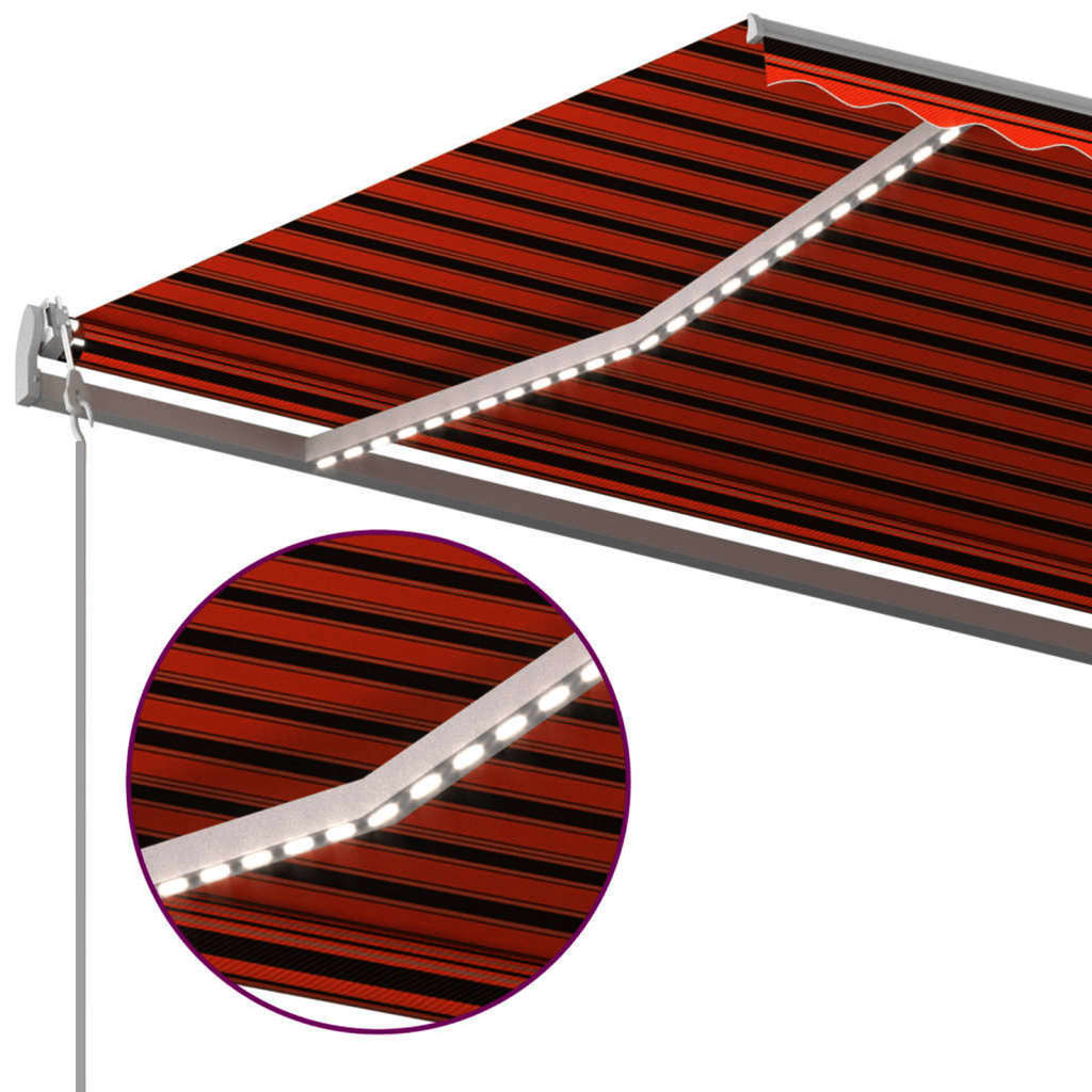 Copertină retractabilă manual, cu LED, portocaliu&maro, 5x3 m