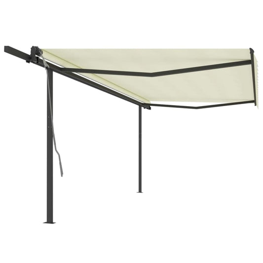 Copertină retractabilă automat, cu stâlpi, crem, 5x3 m