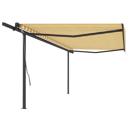 Copertină retractabilă automat, cu stâlpi, galben & alb, 5x3 m