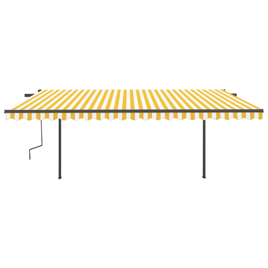 Copertină retractabilă automat, cu stâlpi, galben & alb, 5x3 m