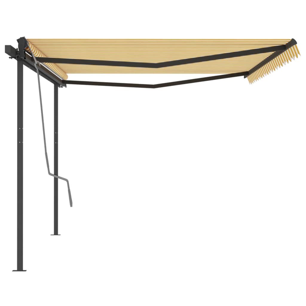 Copertină retractabilă automat, cu stâlpi, galben & alb, 5x3 m