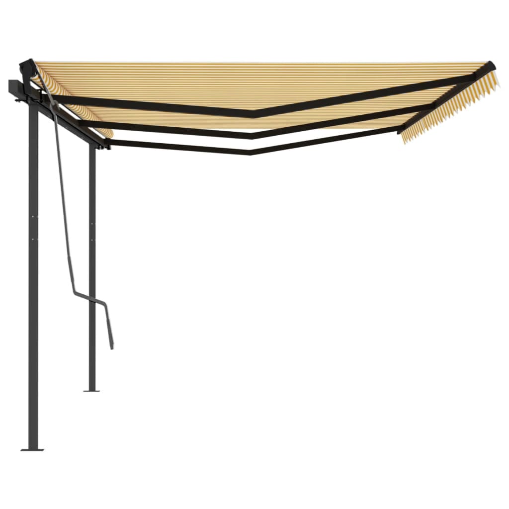 Copertină retractabilă manual cu stâlpi, galben și alb, 6x3 m
