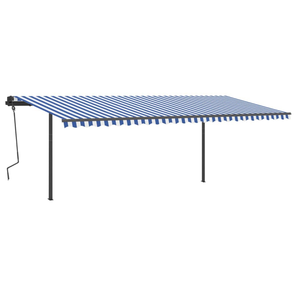 Copertină retractabilă automat, cu stâlpi, albastru&alb, 6x3 m