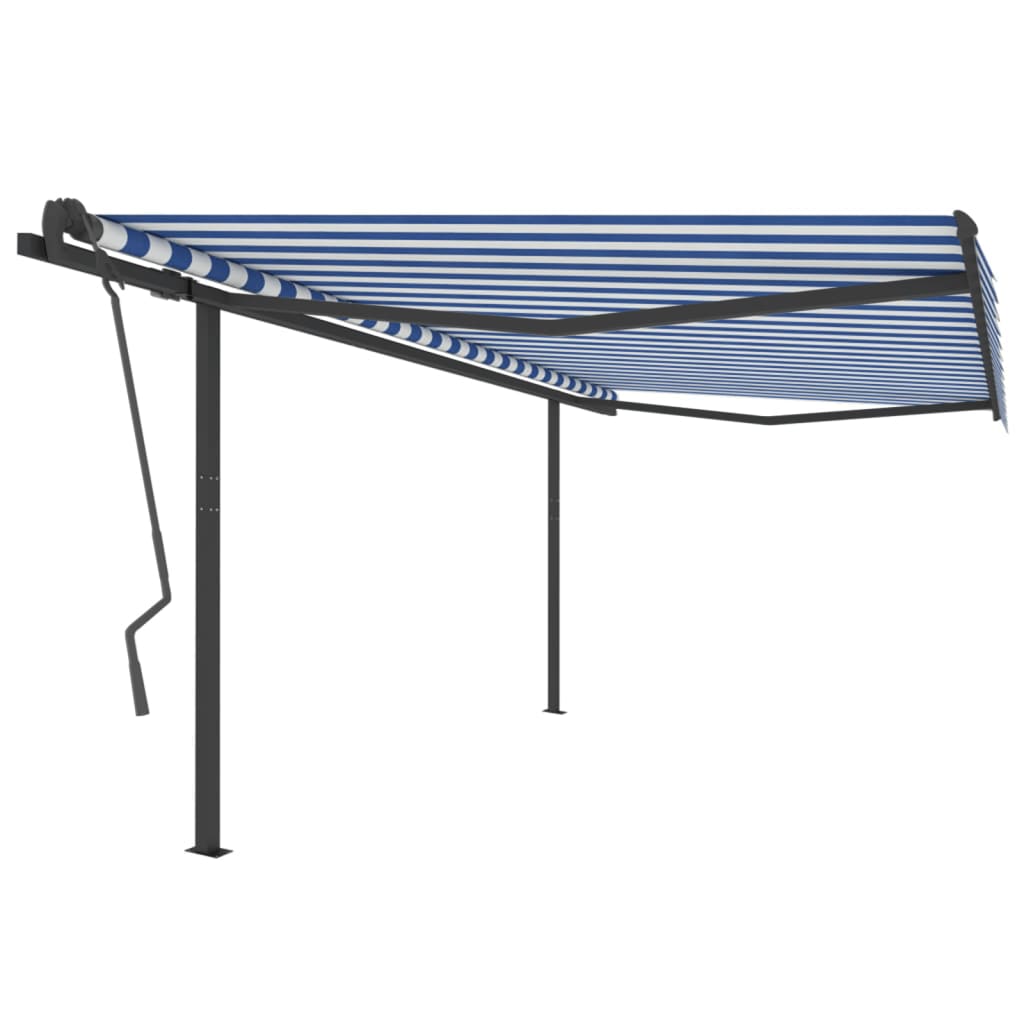 Copertină retractabilă manual cu stâlpi, albastru/alb, 4x3,5 m