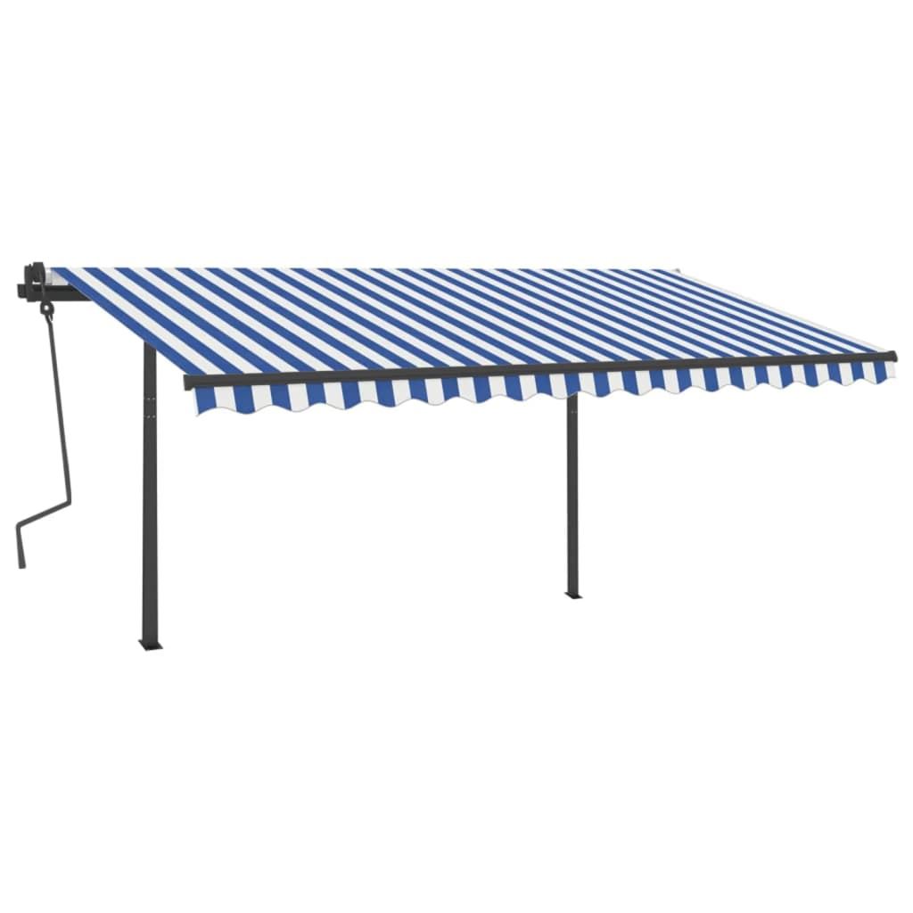 Copertină retractabilă manual cu stâlpi, albastru/alb, 4x3,5 m