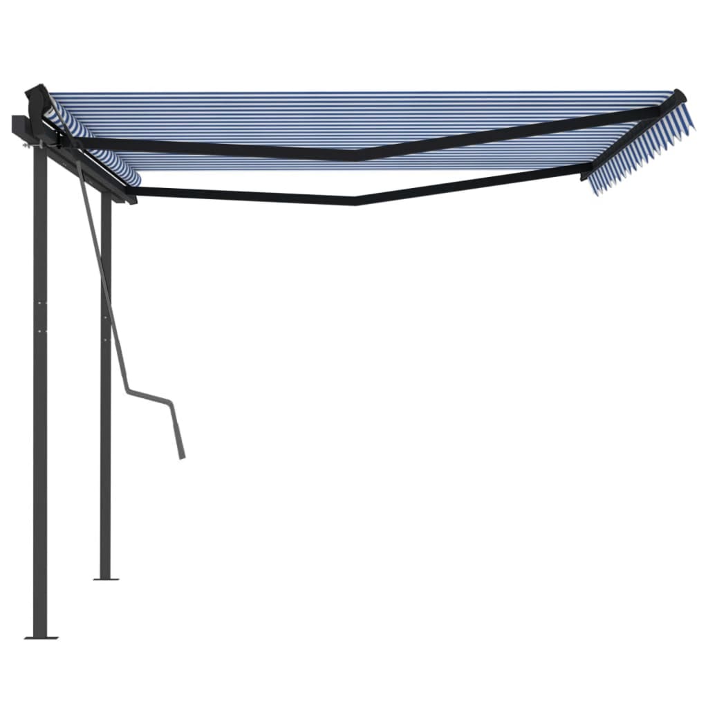 Copertină retractabilă manual cu stâlpi, albastru/alb, 4x3,5 m