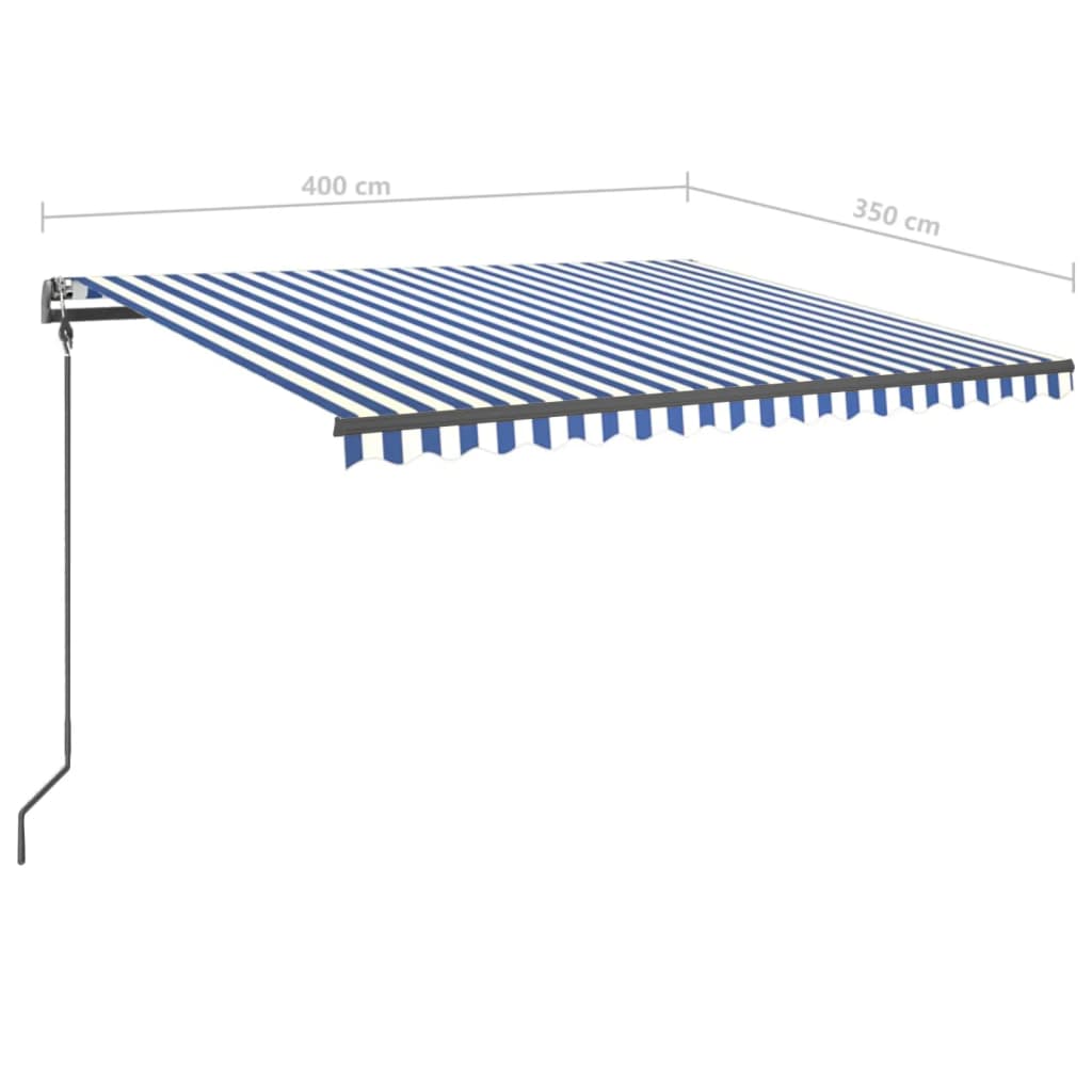 Copertină retractabilă manual cu stâlpi, albastru/alb, 4x3,5 m