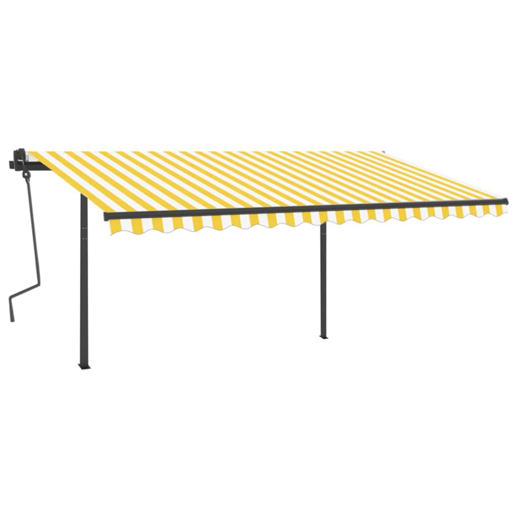 Copertină retractabilă manual cu stâlpi, galben & alb, 4x3,5 m