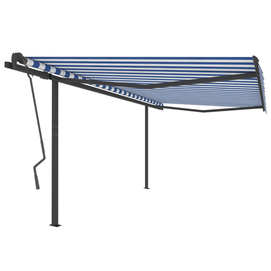 Copertină retractabilă automat cu stâlpi, albastru/alb, 4x3,5 m