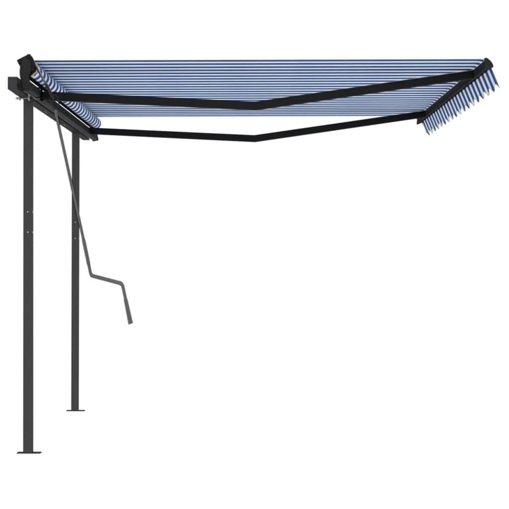 Copertină retractabilă automat cu stâlpi, albastru/alb, 4x3,5 m