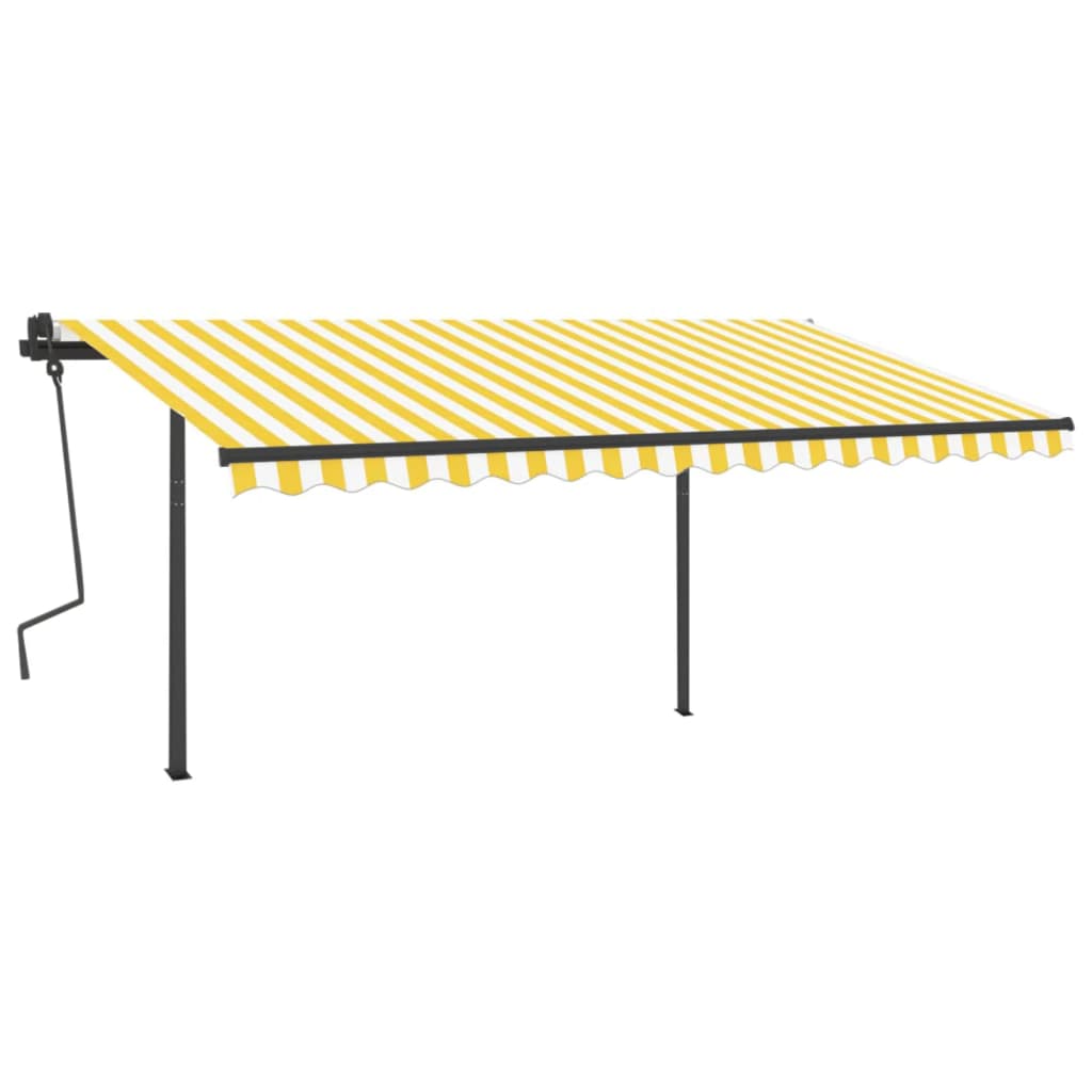 Copertină retractabilă automat, cu stâlpi, galben&alb, 4x3,5 m