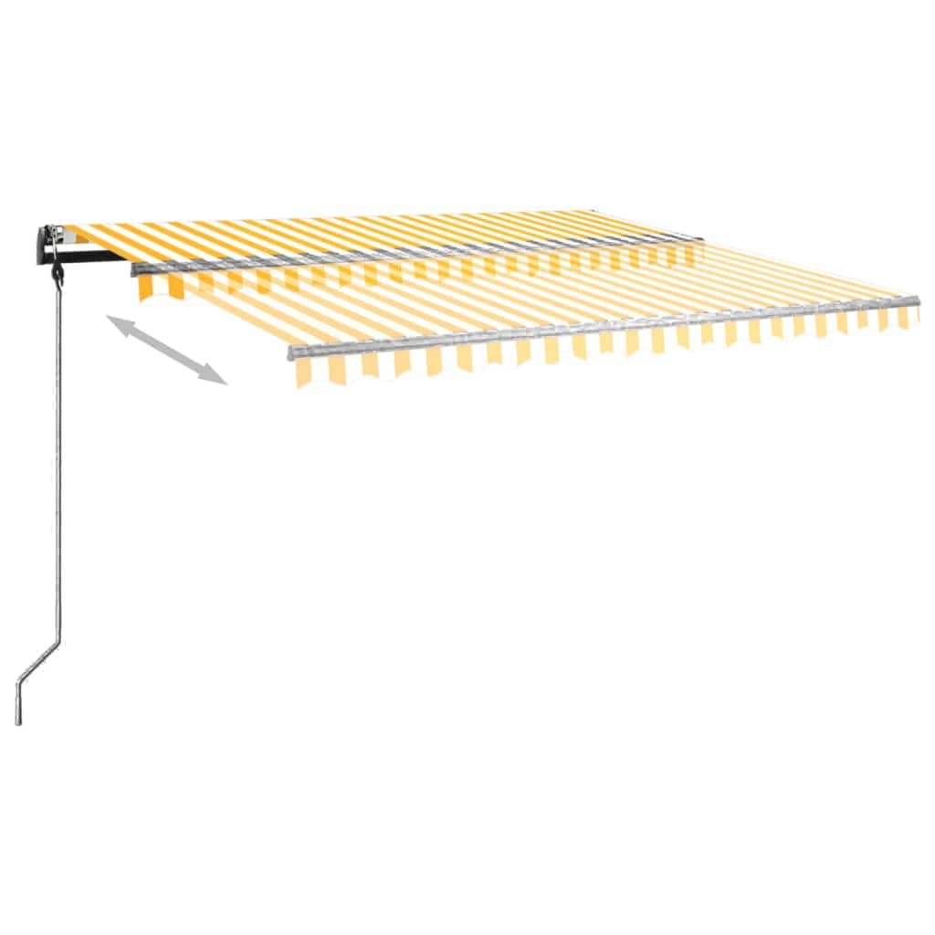 Copertină retractabilă automat, cu stâlpi, galben&alb, 4x3,5 m