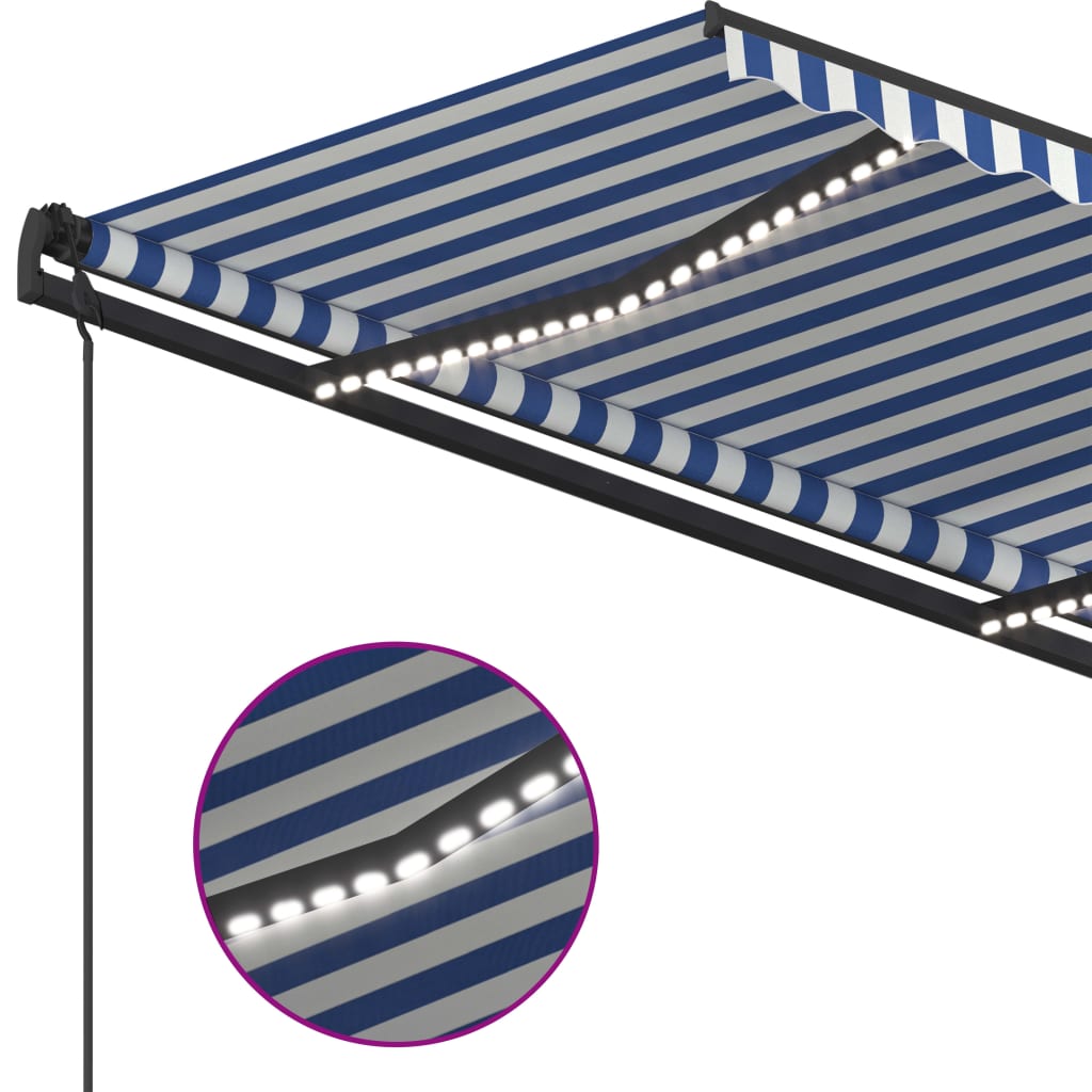 Copertină retractabilă manual, cu LED, albastru & alb 4,5x3,5 m