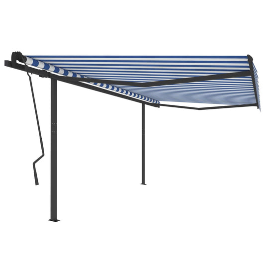 Copertină retractabilă automat, stâlpi, albastru/alb, 4,5x3,5 m
