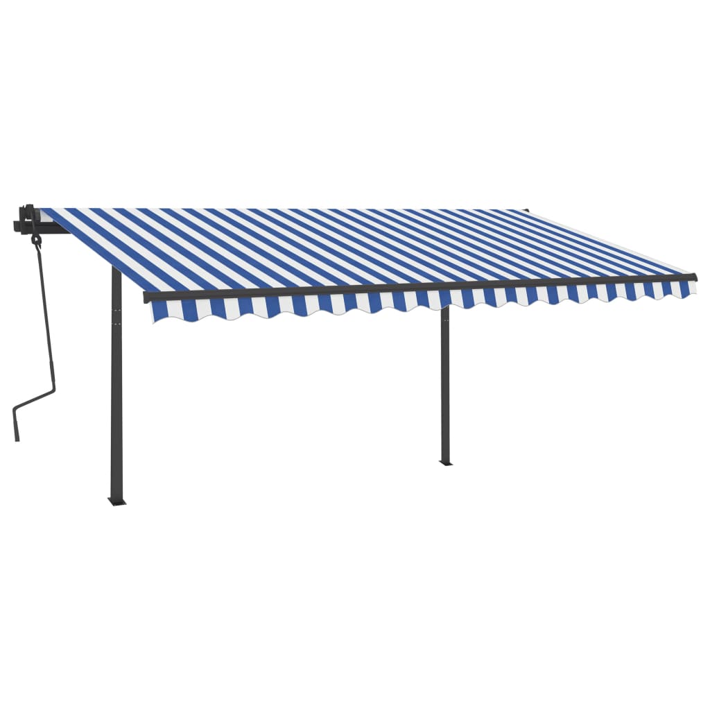 Copertină retractabilă automat, stâlpi, albastru/alb, 4,5x3,5 m