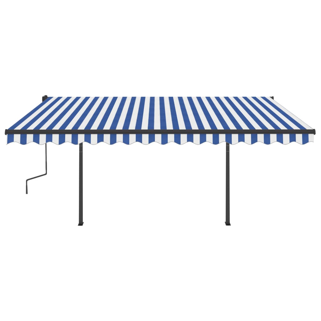 Copertină retractabilă automat, stâlpi, albastru/alb, 4,5x3,5 m