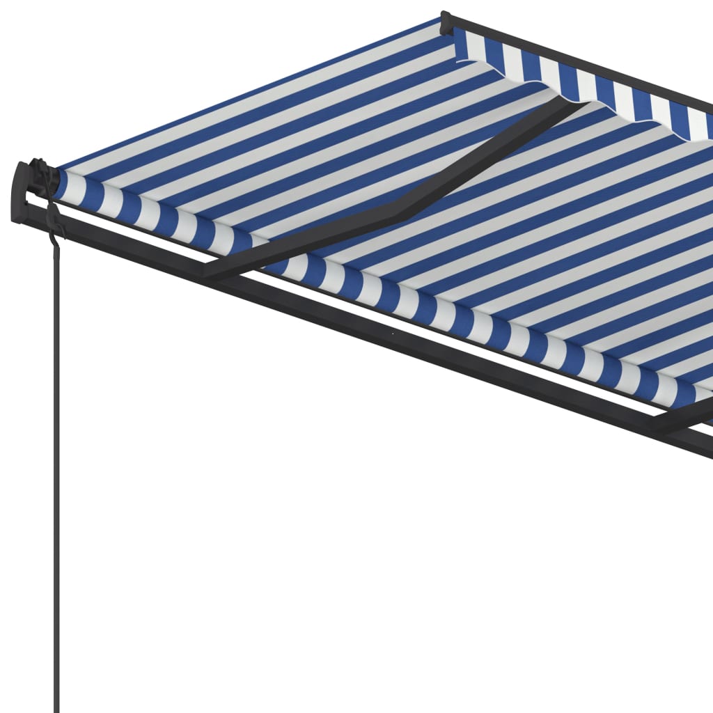 Copertină retractabilă automat, stâlpi, albastru/alb, 4,5x3,5 m