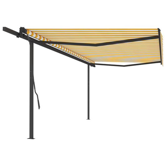 Copertină retractabilă manual cu stâlpi, galben și alb, 5x3,5 m