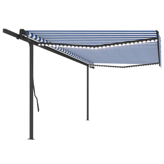 Copertină retractabilă manual cu LED, albastru și alb, 5x3,5 m