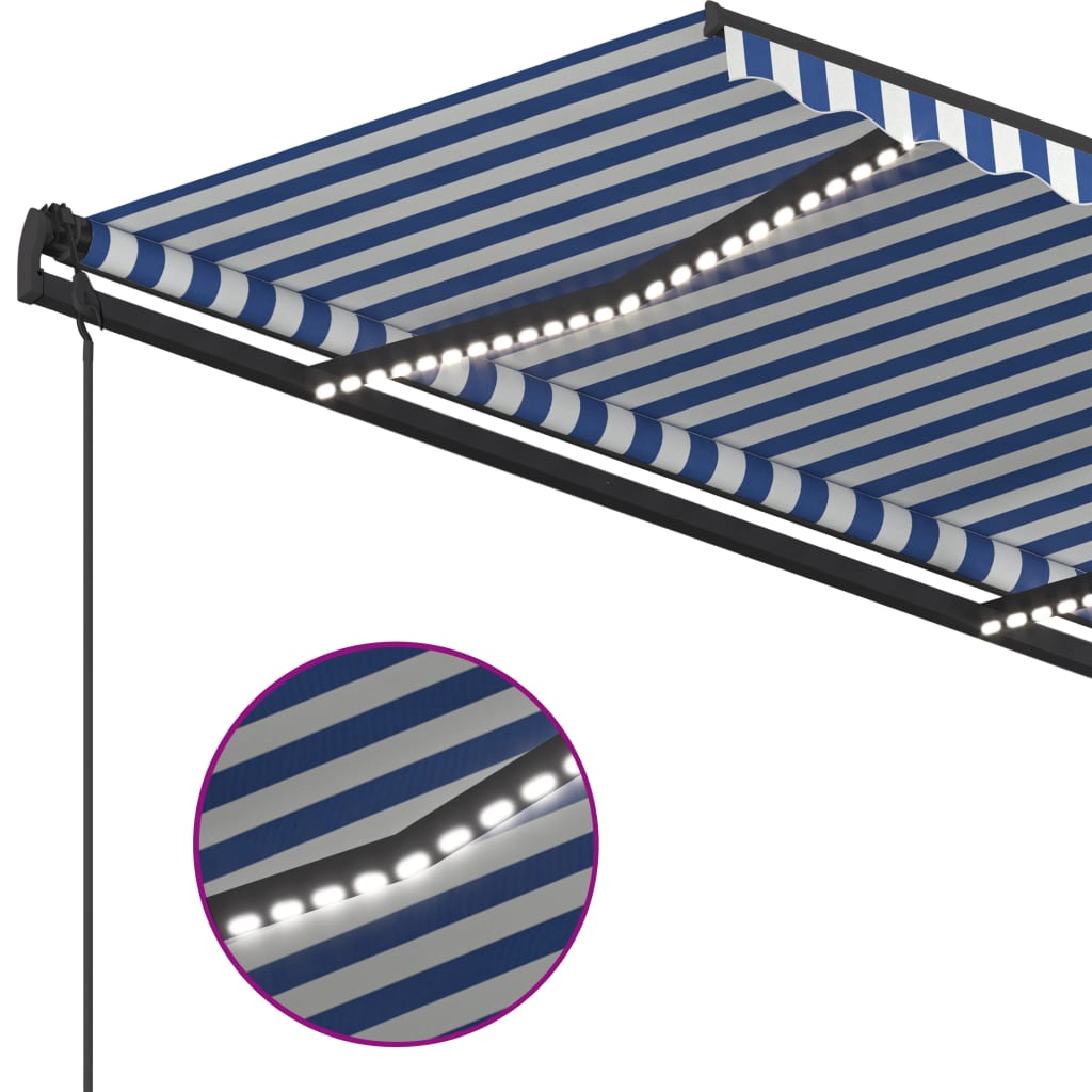 Copertină retractabilă manual cu LED, albastru și alb, 5x3,5 m