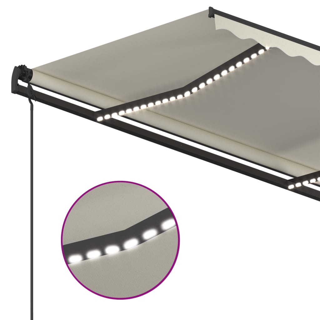 Copertină retractabilă manual, cu LED, crem, 5x3,5 m