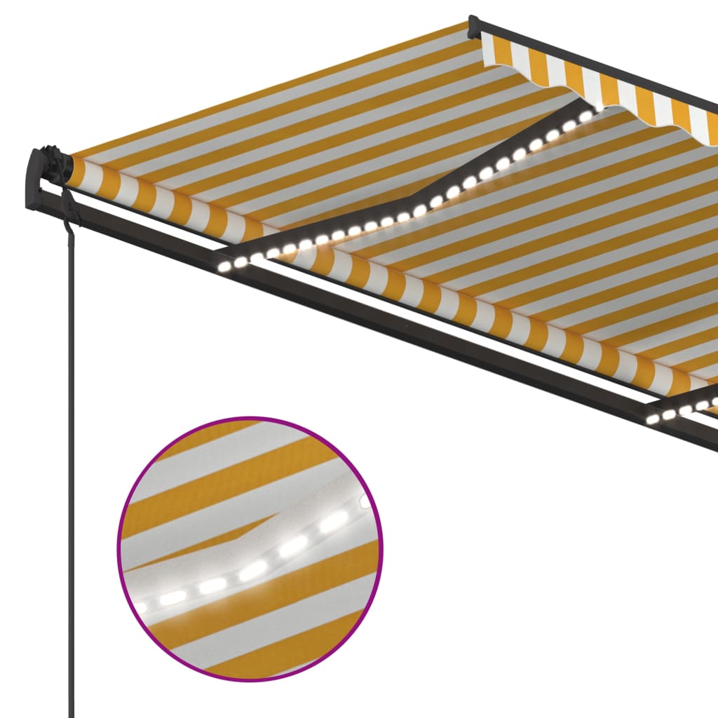 Copertină retractabilă manual cu LED, galben și alb, 5x3,5 m