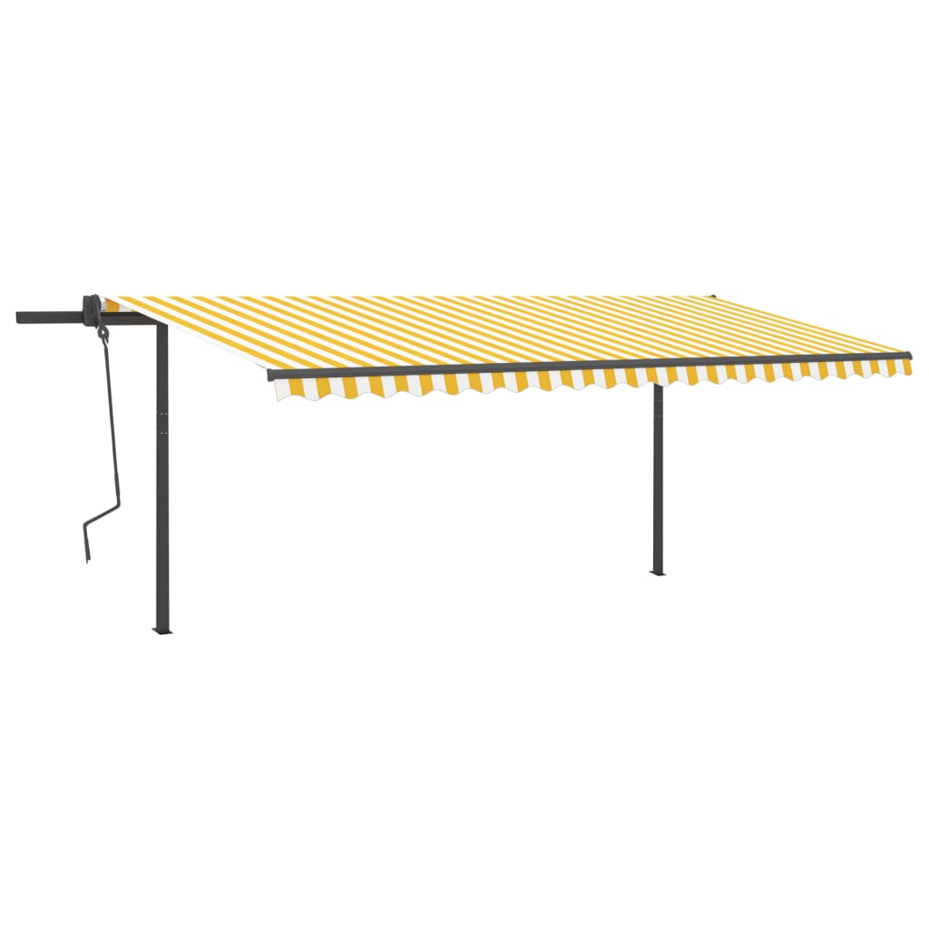 Copertină retractabilă automat, cu stâlpi, galben & alb 5x3,5 m