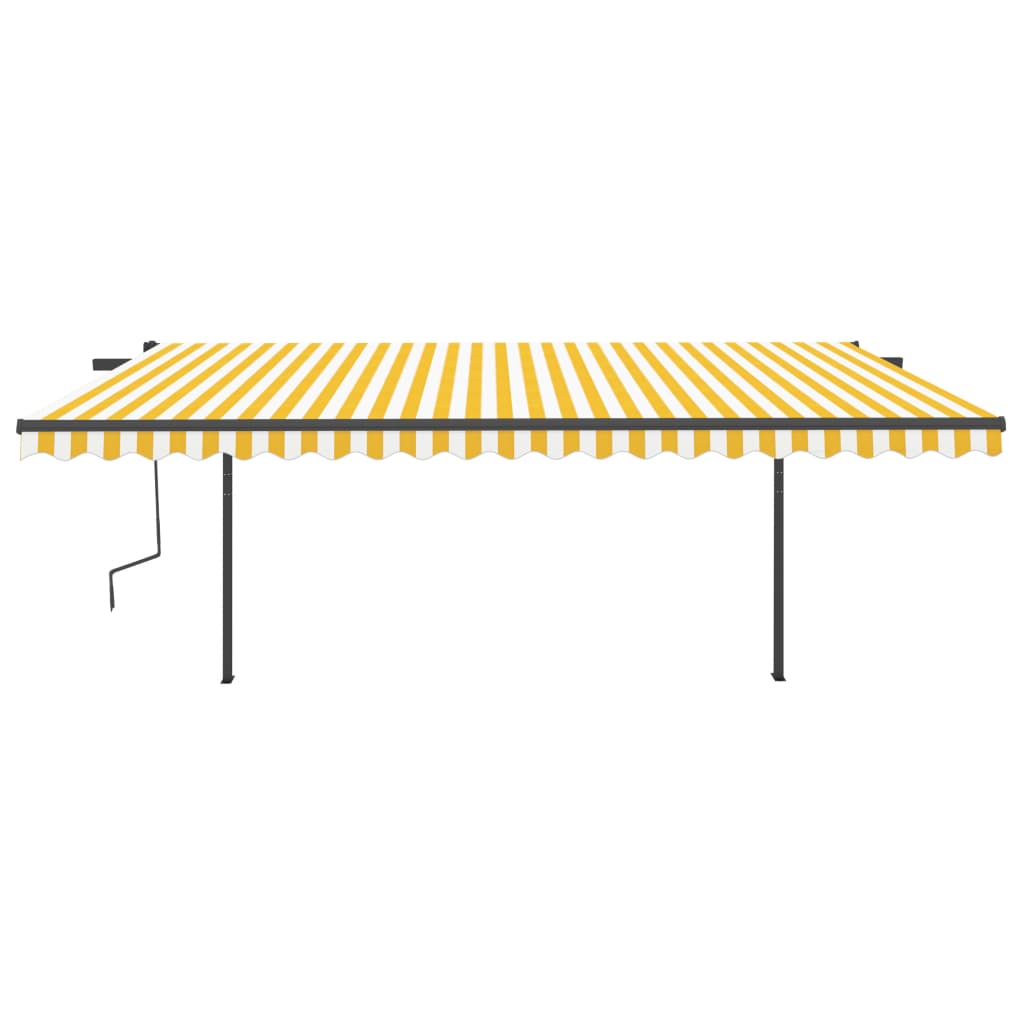 Copertină retractabilă automat, cu stâlpi, galben & alb 5x3,5 m