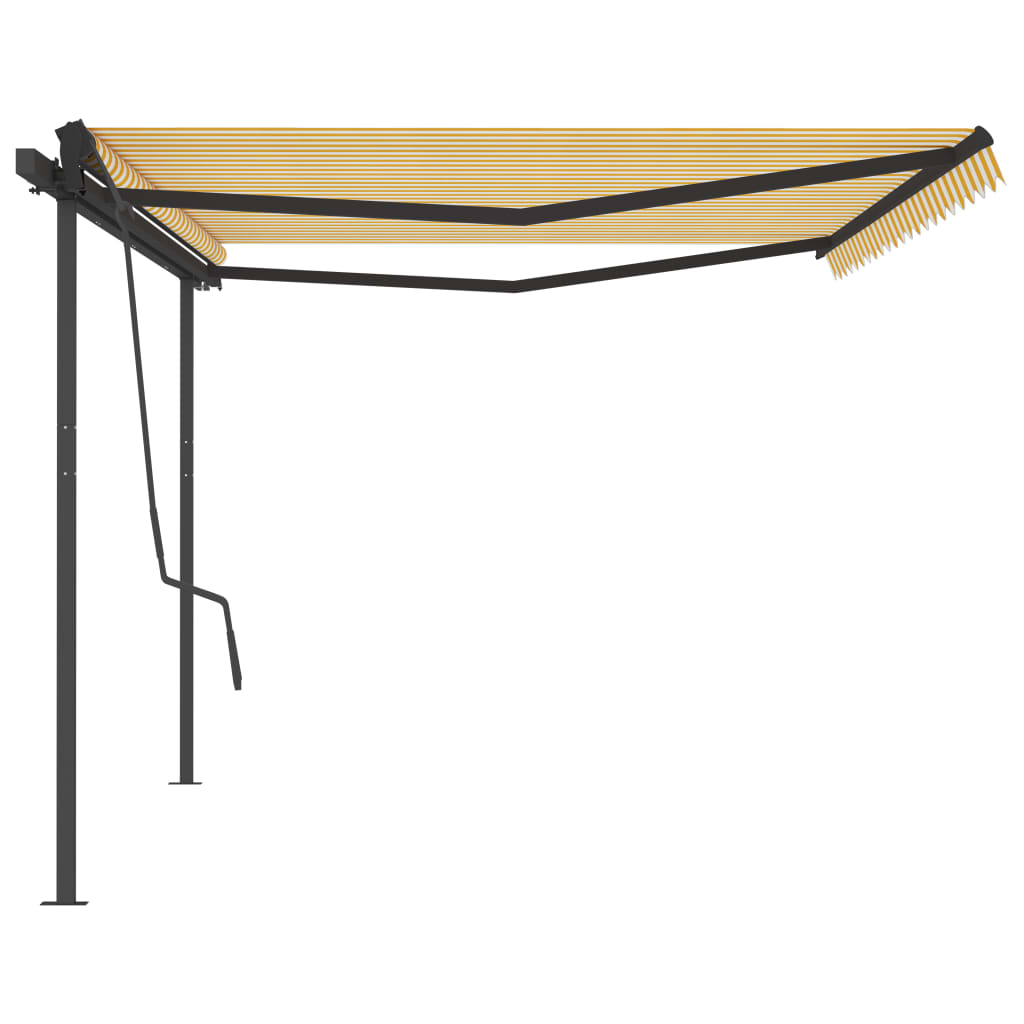 Copertină retractabilă automat, cu stâlpi, galben & alb 5x3,5 m
