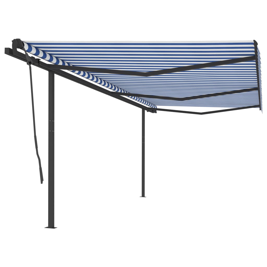 Copertină retractabilă manual cu stâlpi, albastru&alb, 6x3,5 m