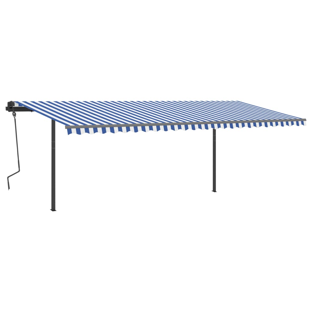 Copertină retractabilă manual cu stâlpi, albastru&alb, 6x3,5 m