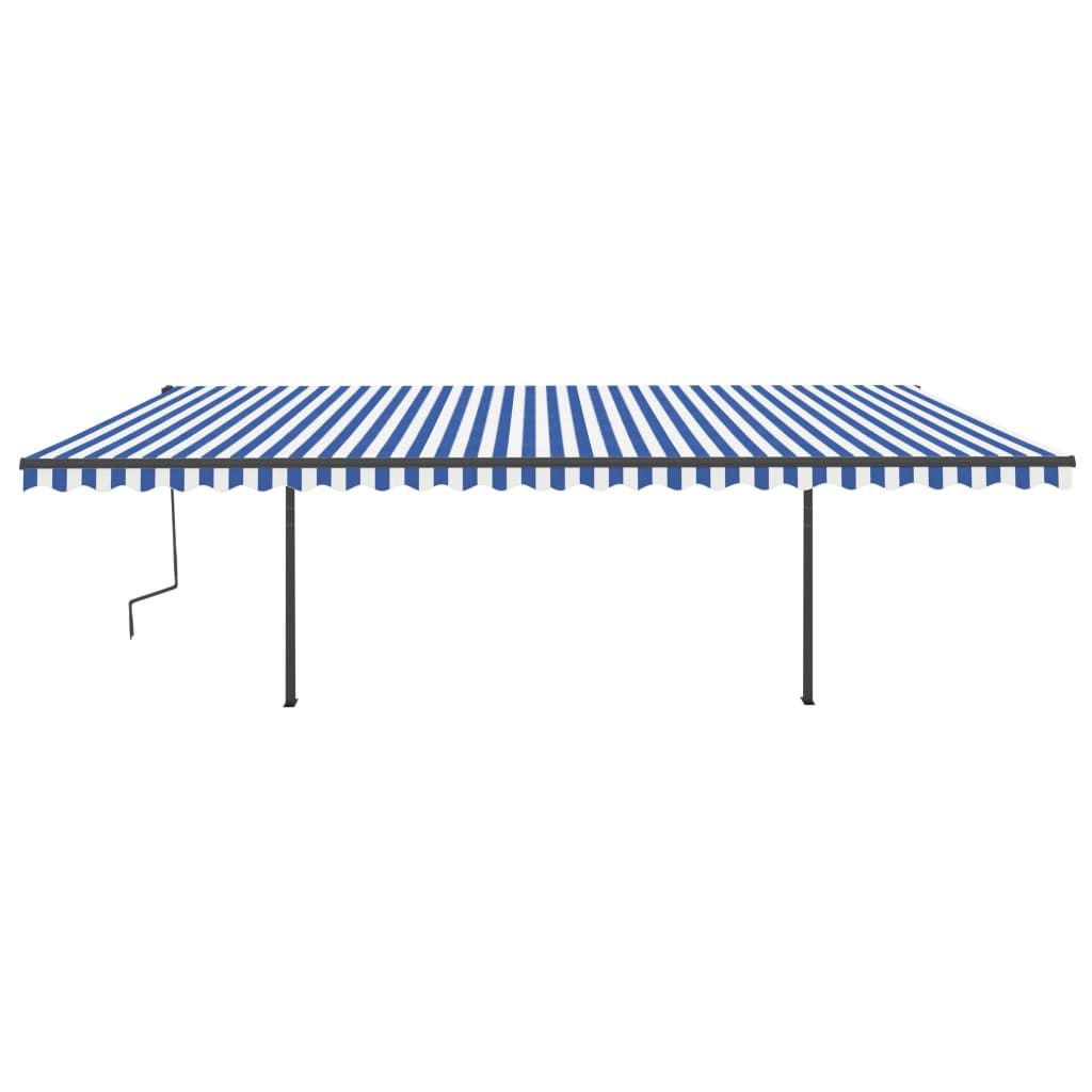 Copertină retractabilă manual cu stâlpi, albastru&alb, 6x3,5 m