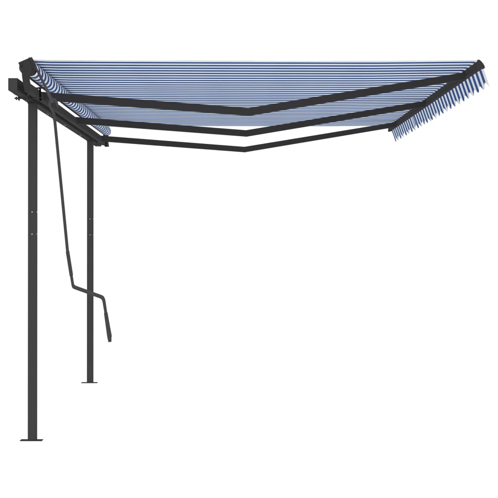 Copertină retractabilă manual cu stâlpi, albastru&alb, 6x3,5 m