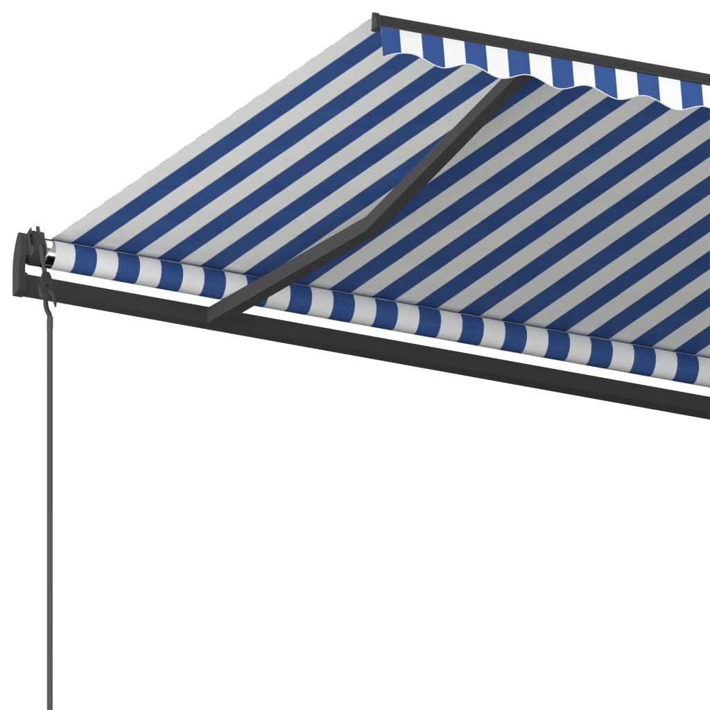 Copertină retractabilă manual cu stâlpi, albastru&alb, 6x3,5 m