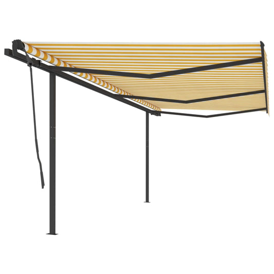 Copertină retractabilă manual cu stâlpi, galben & alb, 6x3,5 m