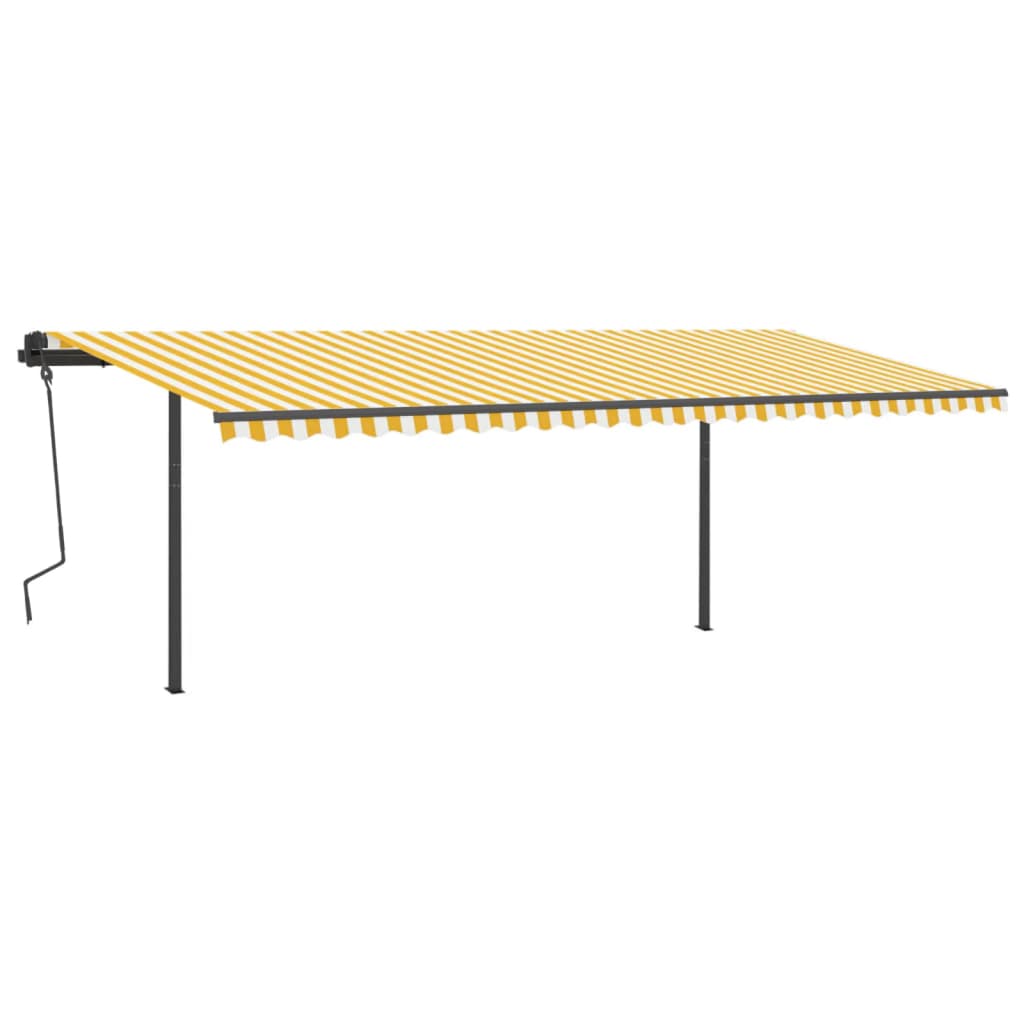 Copertină retractabilă manual cu stâlpi, galben & alb, 6x3,5 m