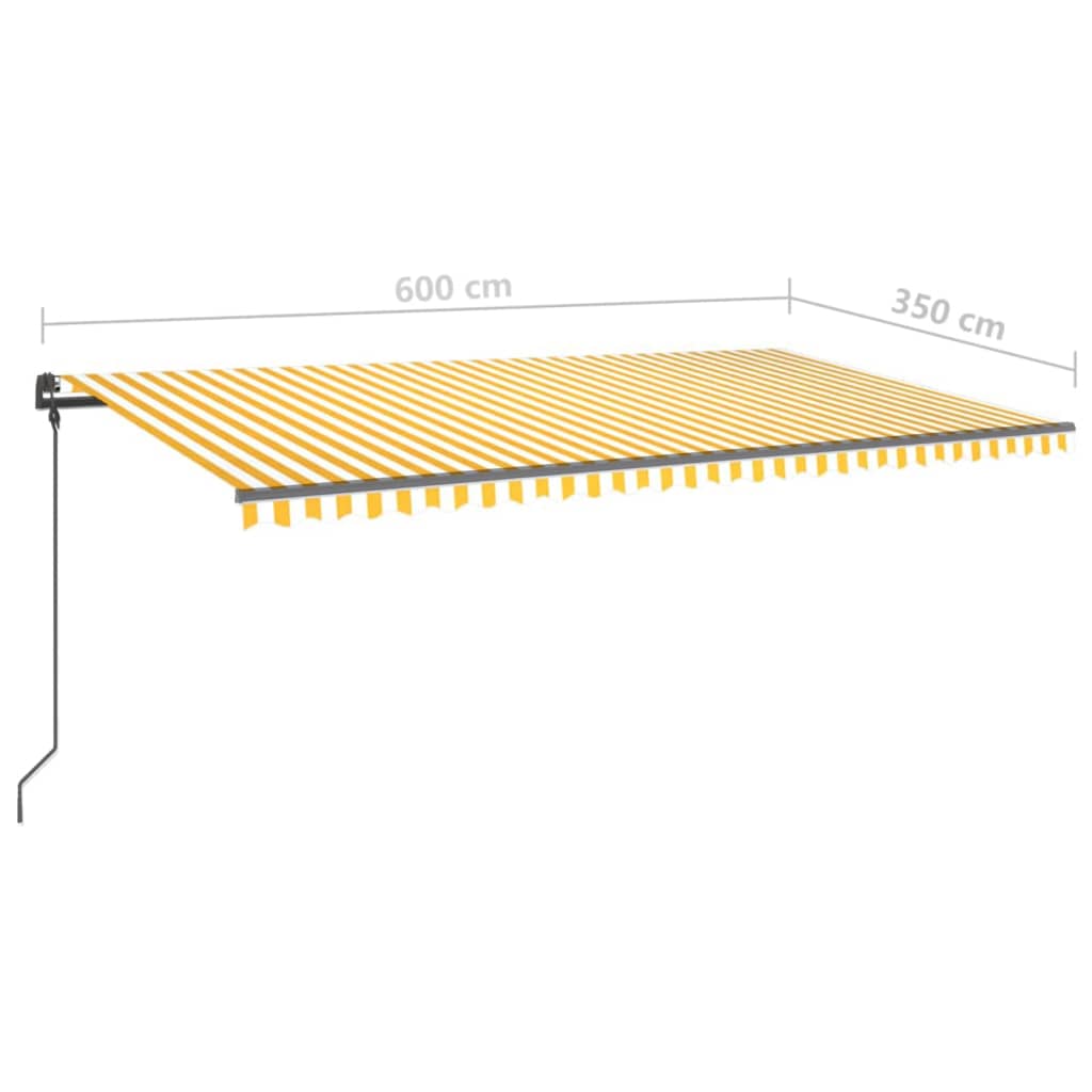 Copertină retractabilă manual cu stâlpi, galben & alb, 6x3,5 m