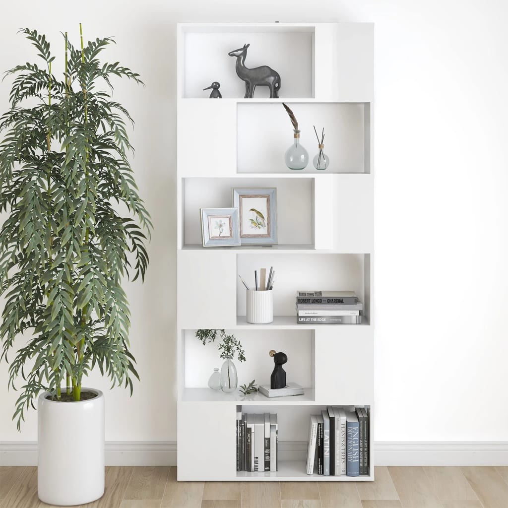 Bibliotecă/Separator cameră, alb extralucios, 80x24x186 cm, PAL