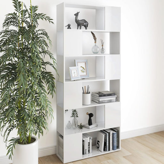 Bibliotecă/Separator cameră, alb extralucios, 80x24x186 cm, PAL