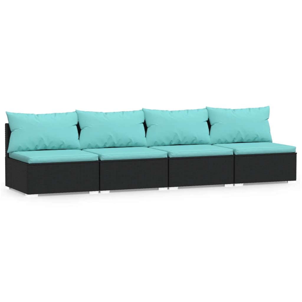 Canapea cu 4 locuri, cu perne, negru, poliratan