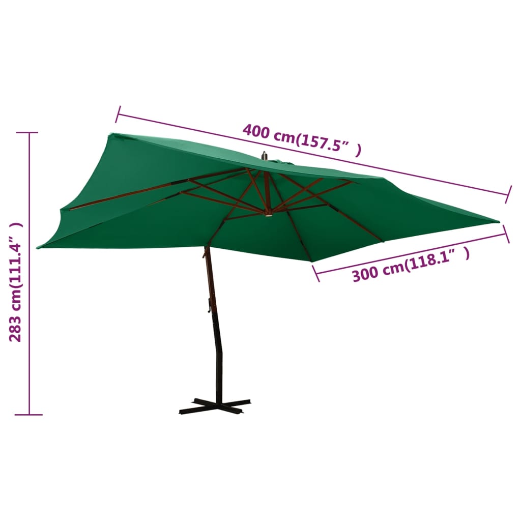 Umbrelă în consolă de grădină, stâlp lemn, verde, 400x300 cm