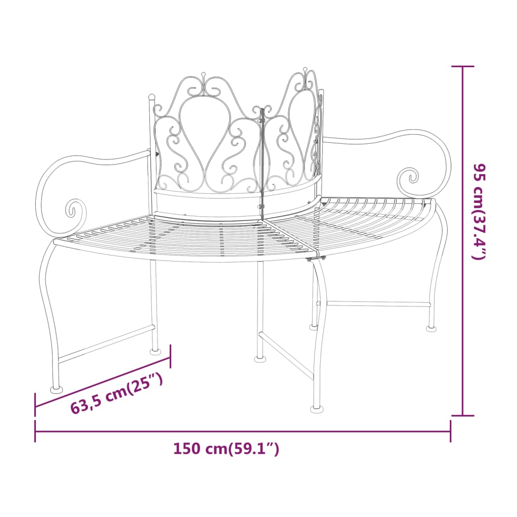 Bancă circulară de copac, negru, 150 cm, oțel