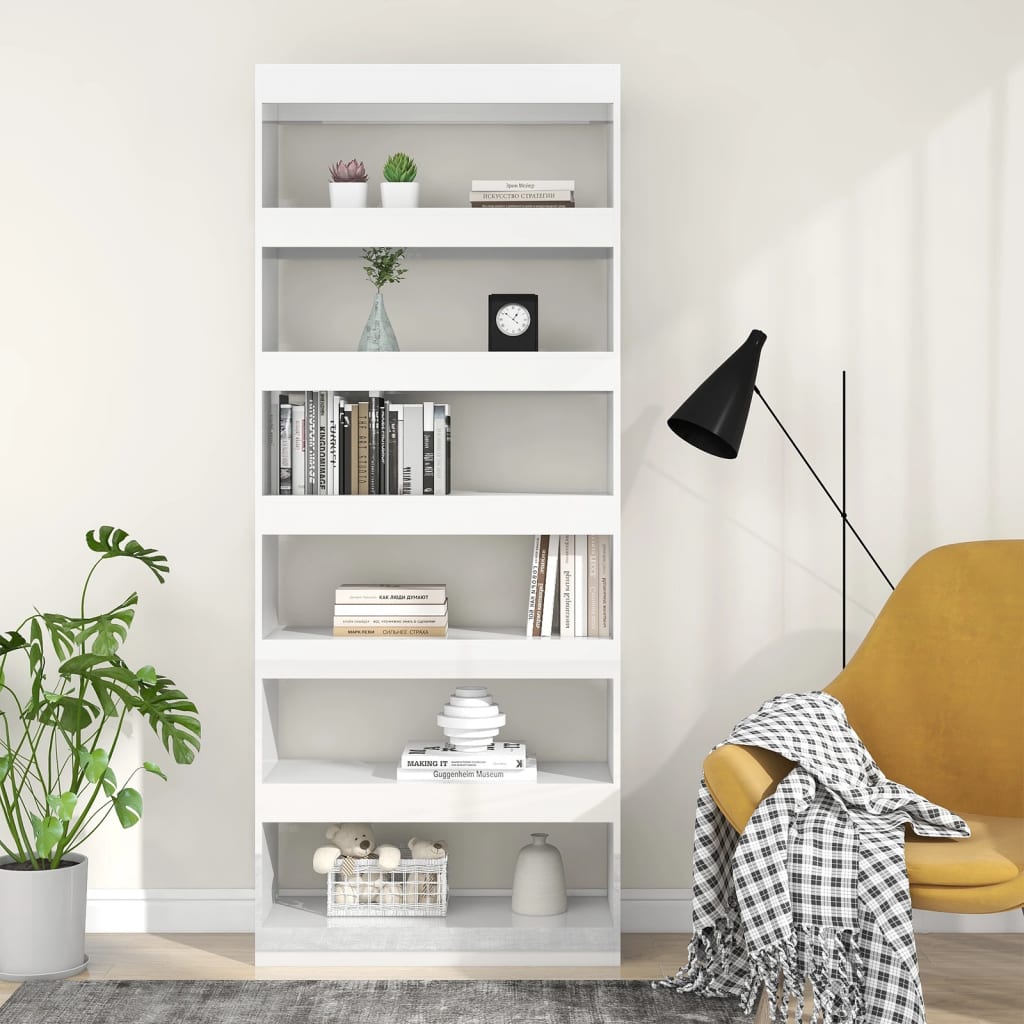 Bibliotecă/Separator cameră, alb extralucios, 80x30x198cm, lemn