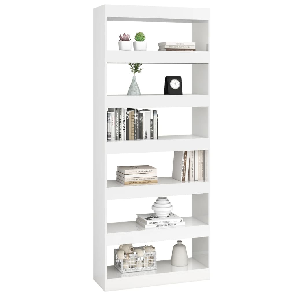 Bibliotecă/Separator cameră, alb extralucios, 80x30x198cm, lemn