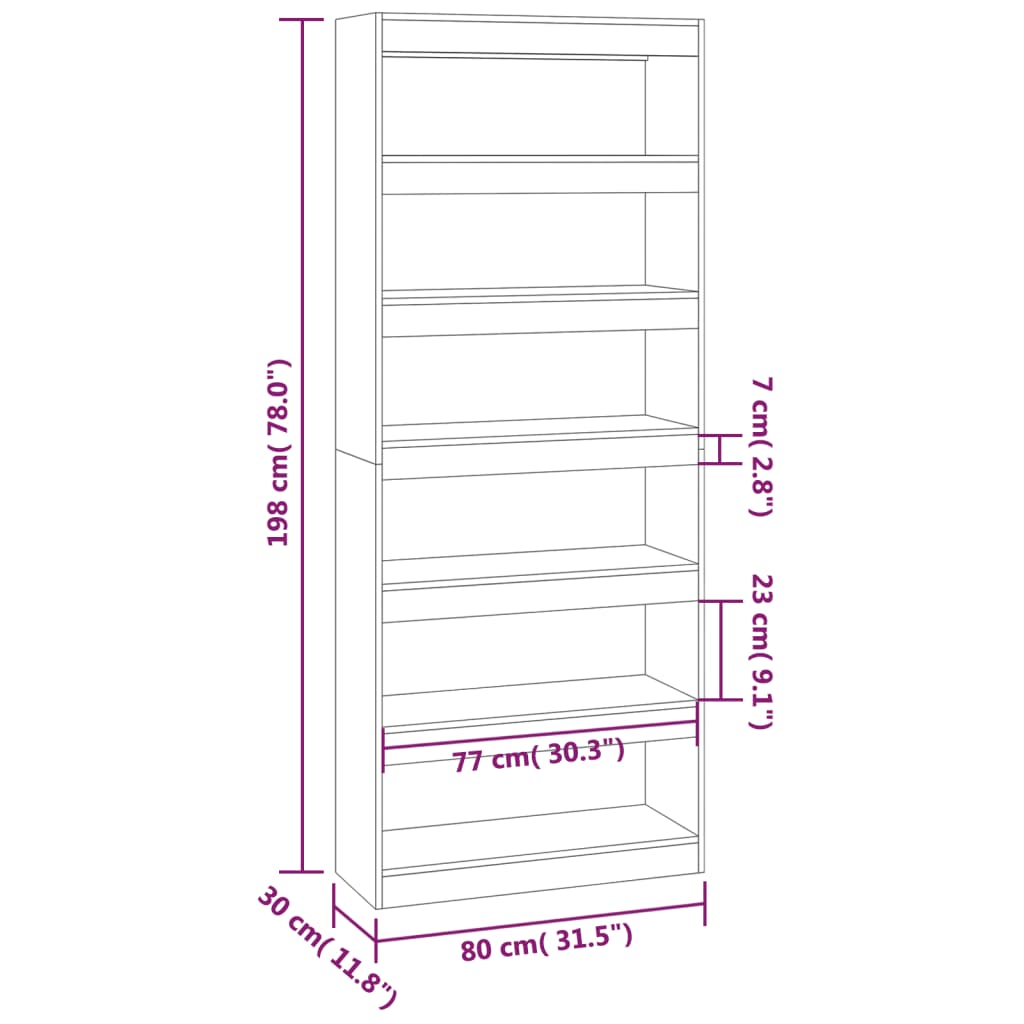 Bibliotecă/Separator cameră, alb extralucios, 80x30x198cm, lemn