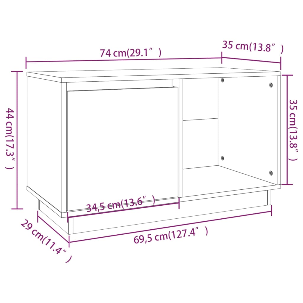 TV sideboard, white, 74x35x44 cm, solid pine wood