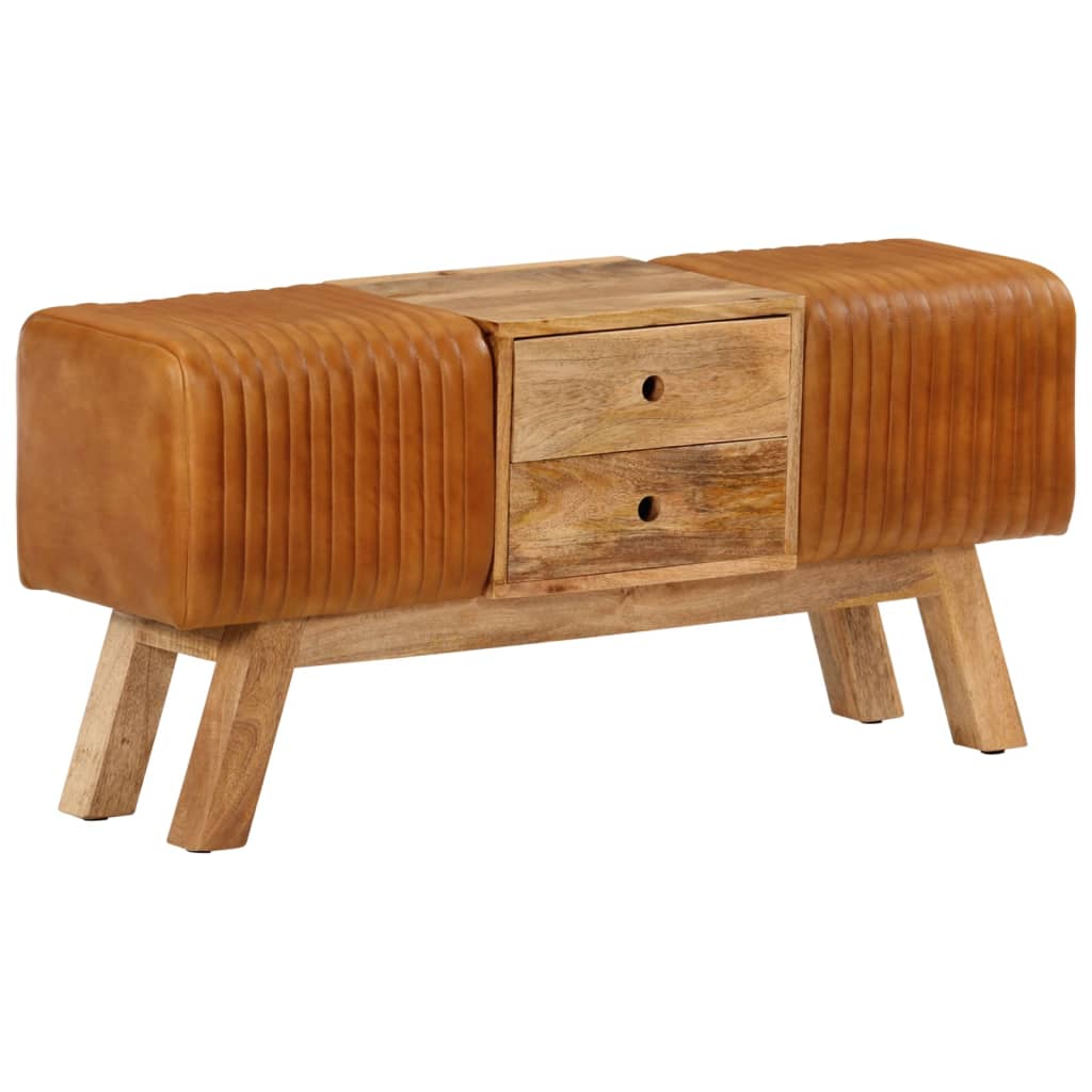 Bancă Bok maro, 107 cm, piele naturală capră / lemn masiv mango