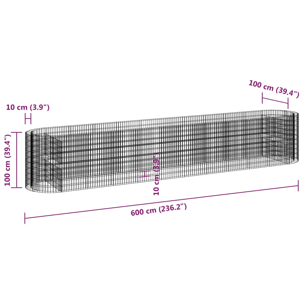 Strat înălțat gabion, 600x100x100 cm, fier galvanizat