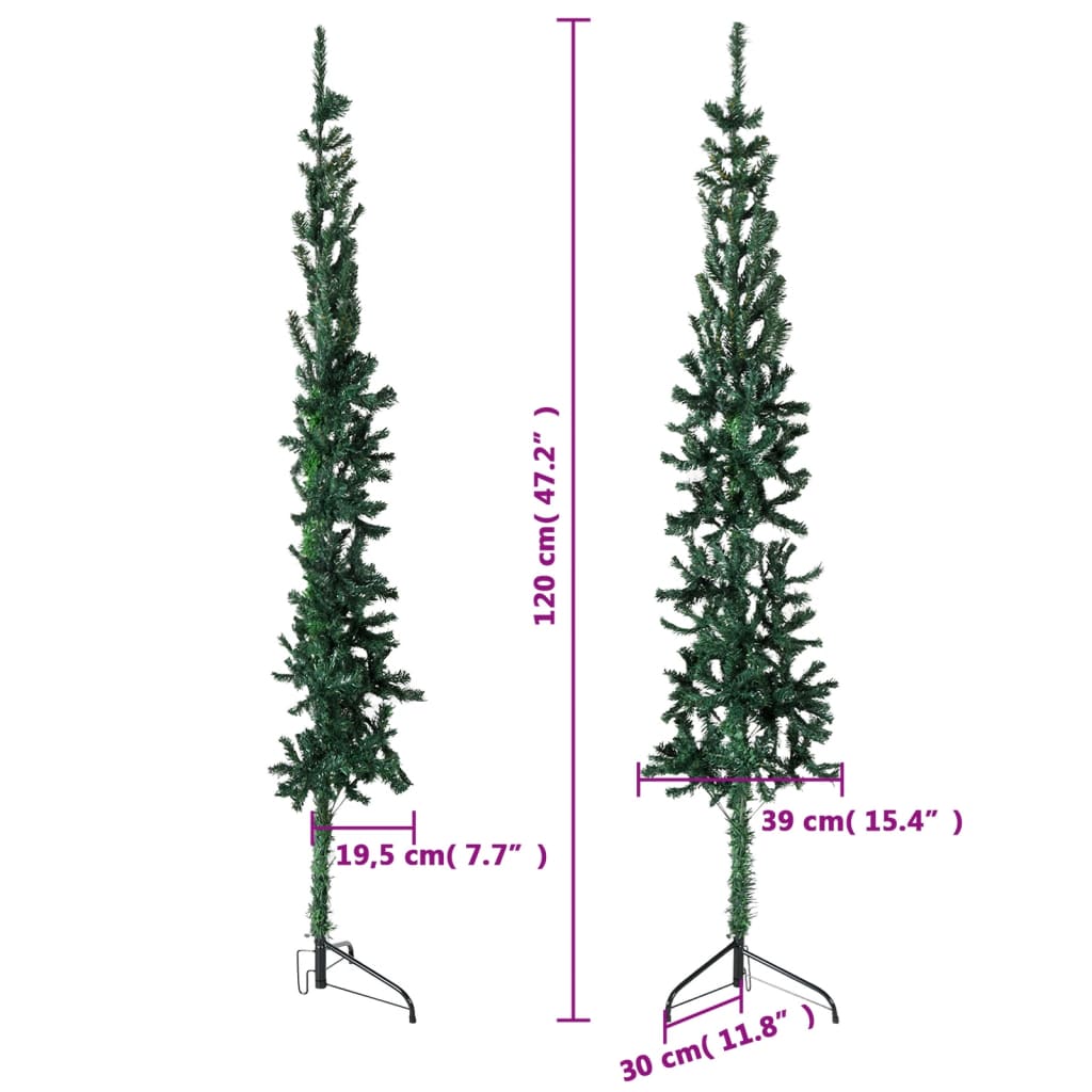 Jumătate brad de Crăciun subțire cu suport, verde, 120 cm