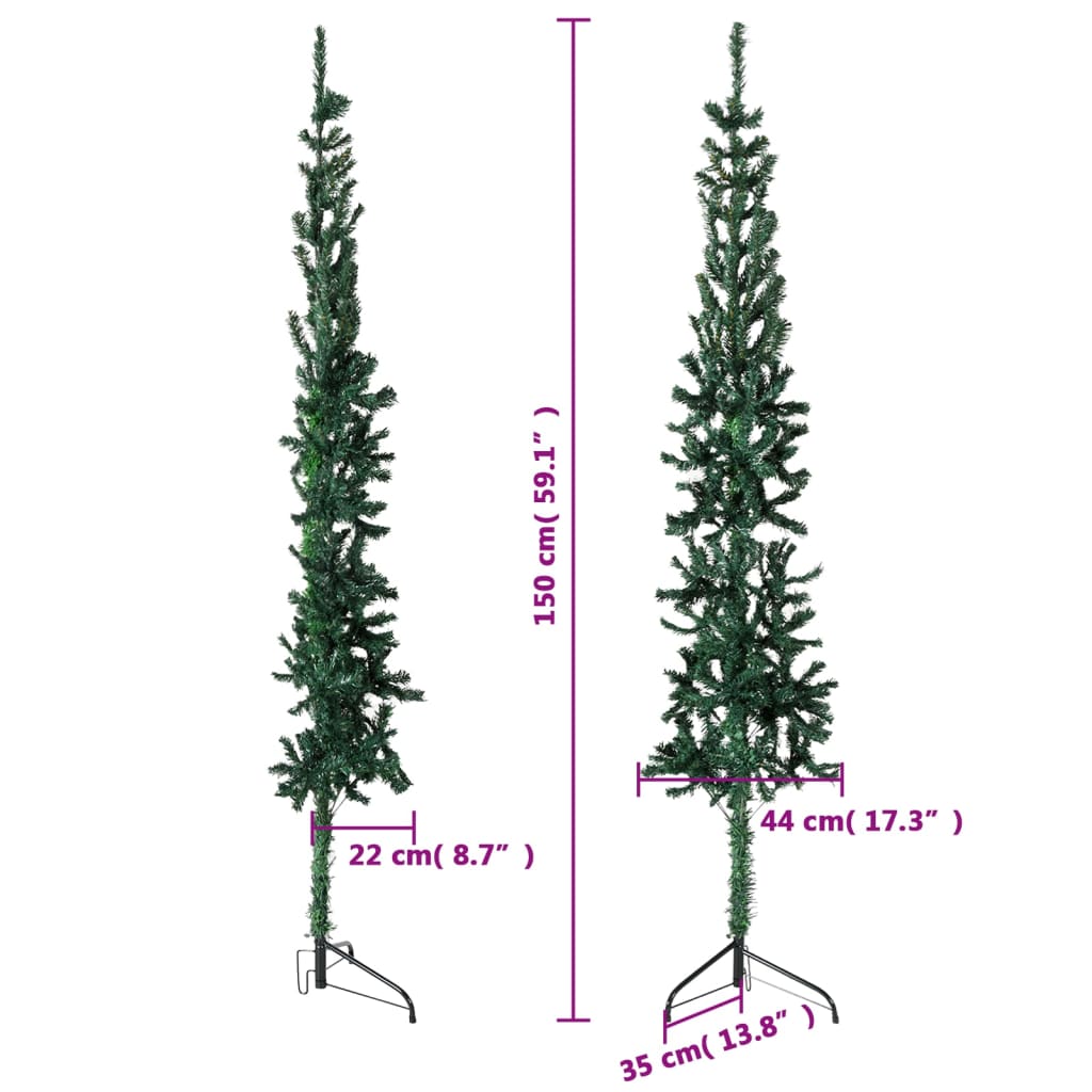 Jumătate brad de Crăciun subțire cu suport, verde, 150 cm